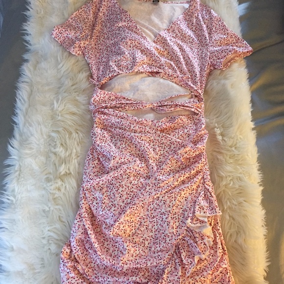 Pink Floral Ruffle Wrap Dress Tie Front Sundress - Picture 5 of 6